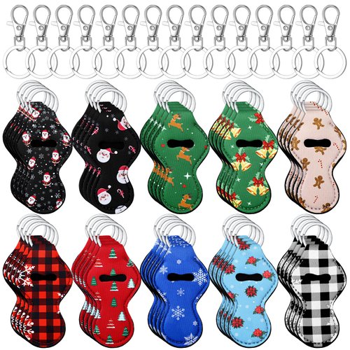 Dansydaisy 80 Pcs Christmas Theme Lip balm Holder with Keychain Lipstick Sleeves Pouch Portable Lipstick Holder Bags Lip Gloss Holder With Clip for Women Xmas Employee Nurse Teachers Gifts