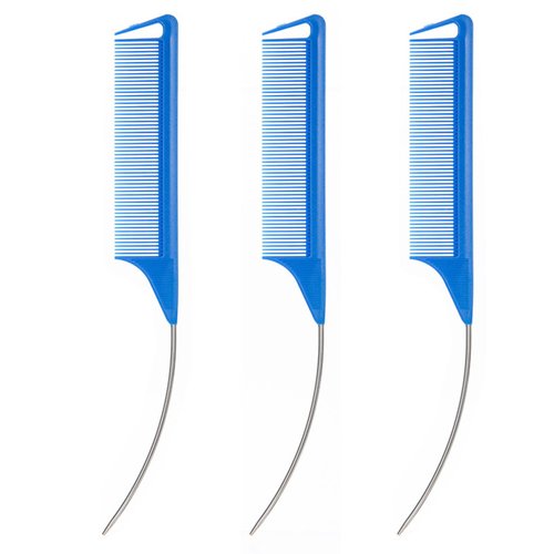 3 Pcs C Curved Rat Tail Combs Parting Rat Combs Teasing Fine Tooth Comb with Bend Steel Needle Carbon Fiber Pin Tail Comb for Hair Styling Tools Hair Comb for Parting Women Barber Girls (Blue)