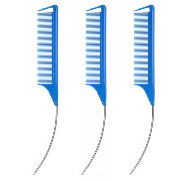 3 Pcs C Curved Rat Tail Combs Parting Rat Combs Teasing Fine Tooth Comb with Bend Steel Needle Carbon Fiber Pin Tail Comb for Hair Styling Tools Hair Comb for Parting Women Barber Girls (Blue)