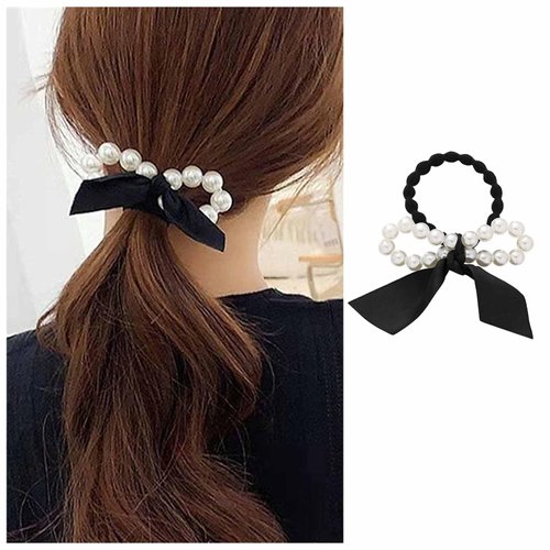 Vacaonio French Pearl Bow Hair Ties Rope Black Bow Hair Scrunchies Bow Knot Ponytail Holder Hair Tie Ribbon Bow Hair Rubber Band Elastic Bow Pearl Hair Rope Band Decorative Hair Accessory(Ribbon Bow)