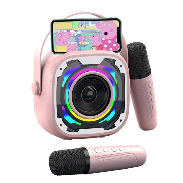 Mini Karaoke Machine for Kids Adults, Portable Bluetooth Speaker with 2 Wireless Karaoke Microphones, Singing Machine Christmas Toys Birthday Gifts for Girls Boys Ages 3 4 5 6 7 8 9 10 11 12+ (Pink)