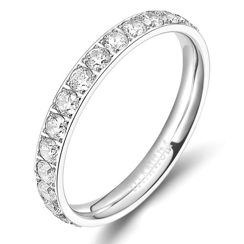 TIGRADE 3mm Women Titanium Engagement Ring Cubic Zirconia Eternity Wedding Band Size 3 to 13.5(Silver, 7)