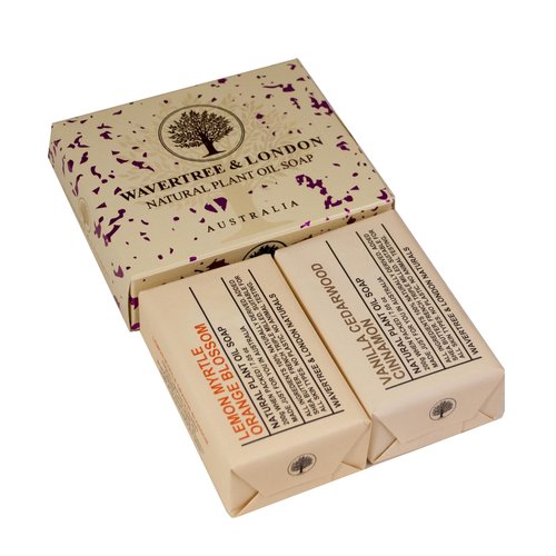 Wavertree & London Duo Gift Box (2 Bars) - 7oz Lemon Myrtle, Orange Blossom and Vanilla Cedarwood Scented Triple Milled Natural Soap Bars - Pure Plant Oil Soap Bars for All Skin Types