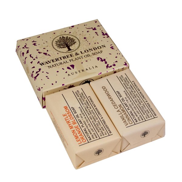 Wavertree & London Duo Gift Box (2 Bars) - 7oz Lemon Myrtle, Orange Blossom and Vanilla Cedarwood Scented Triple Milled Natural Soap Bars - Pure Plant Oil Soap Bars for All Skin Types