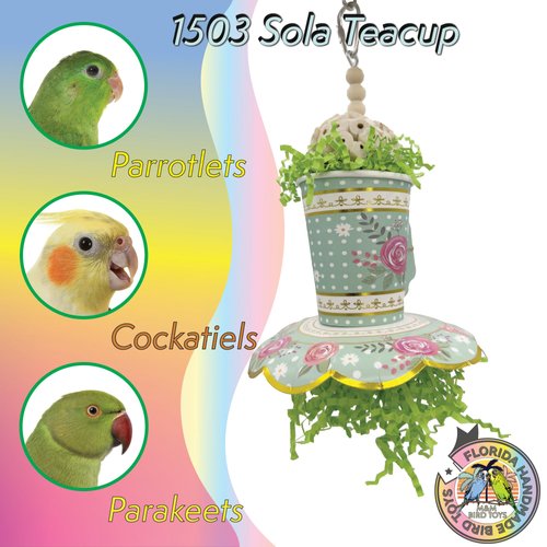 1503 Sola Teacup Blue - Handmade Delightfully Cute shredding Bird cage Toy, Natural sola Wood Ball, Blue Crinkle Paper, Food Grade Paper Tea Cup, Great Fun for Small Birds Budgie Cockatiel Lovebird