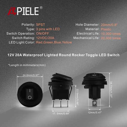 APIELE Waterproof Round Rocker Toggle Switch 2 Position DC 12V 20A ON-Off with LED Light SPST 3 Pins 4Pcs KCD1-8-101NW (Four Color Pack)