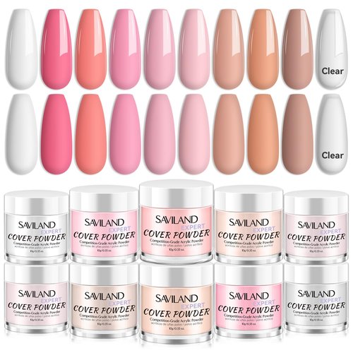 Saviland Acrylic Powder Set: Keratin Professional Acrylic Nail Powder Clear/Nudes/Pink Acrylic Ultra Fine Powder for Nail Extension 3D Nail Art Quick Dry Salon Quality Acrylic Nails 10G * 10