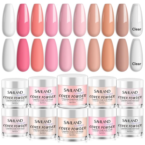 Saviland Acrylic Powder Set: Keratin Professional Acrylic Nail Powder Clear/Nudes/Pink Acrylic Ultra Fine Powder for Nail Extension 3D Nail Art Quick Dry Salon Quality Acrylic Nails 10G * 10