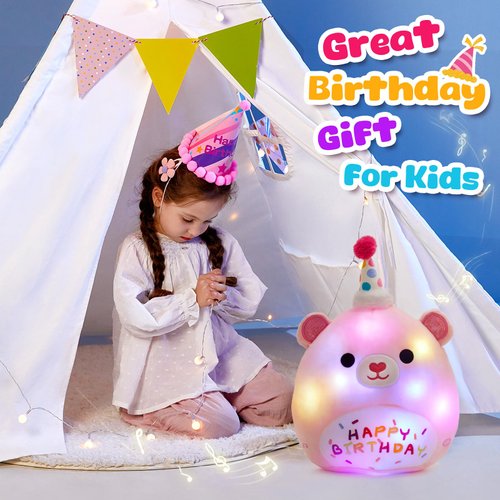 BSTAOFY Light up Music Happy Birthday Teddy Bear Soft Plush Pillow Birthday Stuffed Animal Bear Birthday Gift for Toddler Kids Girls, 14''