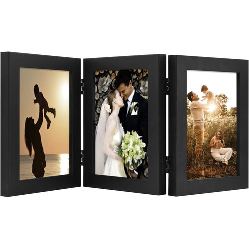 Golden State Art, 5x7 Three Picture Frame Trifold Hinged Photo Frame with 3 Openings, Desk Top Family Picture Collage, with Real Glass (5x7 Triple, Black, 1-Pack)