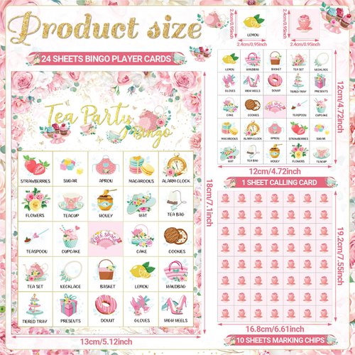 Shappy 35 Pcs Tea Party Bingo Game 24 Players Spring Birthday Party Bingo Cards Vintage Floral Garden Tea Party Games for Girls Kids Family School Classroom Bridal Baby Shower Wedding Party Favors