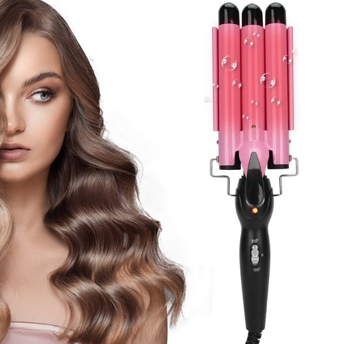 Hair Curling Tongs, 3 Barrel Hair Curler, Tourmaline Hair Curling Iron with 2 Temperature Class, Quick Heating Electric Hair Waver, Hair Styling Tool Golden Hair Crimpers (22mm-)