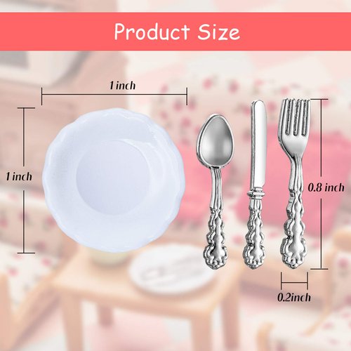 Skylety 4 Pieces 1:12 Scale Miniature Dollhouse Plates and 12 Pieces Spoons Knives Forks Metal Tableware Kitchen Accessories Miniatures Porcelain Plate Set Dollhouse Decoration