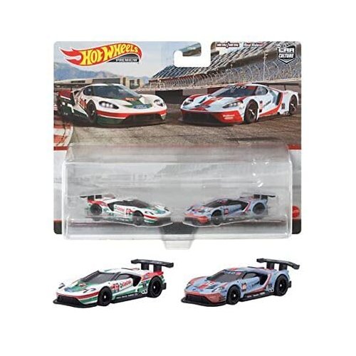 2016 GT Race #67 White with Green and Red Stripes and 2016 Ford GT Race #69 Light Blue Metallic with Orange Stripes Car Culture Set of 2 Cars Diecast Model Cars by Hot Wheels HCY72