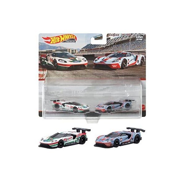 2016 GT Race #67 White with Green and Red Stripes and 2016 Ford GT Race #69 Light Blue Metallic with Orange Stripes Car Culture Set of 2 Cars Diecast Model Cars by Hot Wheels HCY72