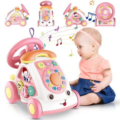 Toys for 1+ Year Old Girls - First Birthday Gift for Girls- Music Toddler Toys with Car/Sound/Music/Steering Wheel/Telephone/Lights Multi-Functional Car Early Educational Birthday Gift for Girl