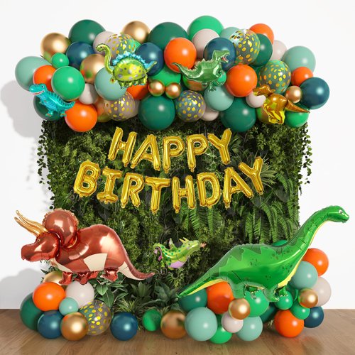Amandir 167Pcs Dinosaur Balloons Arch Garland Kit, Sage Green Orange 8Pcs Dino Foil Balloons Happy Birthday Balloon for Jungle Safari Dinosaur Themed Party Baby Shower Decorations Supplies Kids Boys