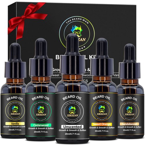 Beard Oil 5 Pack w/Unscented,Cedarwood,Sandalwood,Vanilla,Orange,Christmas Stocking Stuffers Fathers Valentines Day Gifts for Men Him Dad Boyfriend Husband,Beard Growth,Soften,Moisturizing,Strength