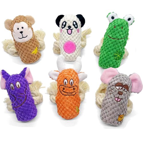 AIMETING Dog Squeak Toys, No Stuffing Dog Plush Toys, Durable Cotton Rope Dog Chew Toys for Puppy and Small, Medium Dogs, 6 Pack of Cute Animal Squeak Dog Toys