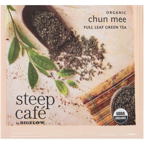 Steep Café Organic Chun Mee Green Tea, 50 Bags per Box, Single Source, Premium Whole Leaf Teas in a Sachet Pyramid Bag, Individually Wrapped in a Foil Pouch, Hot or Iced, by Bigelow Tea
