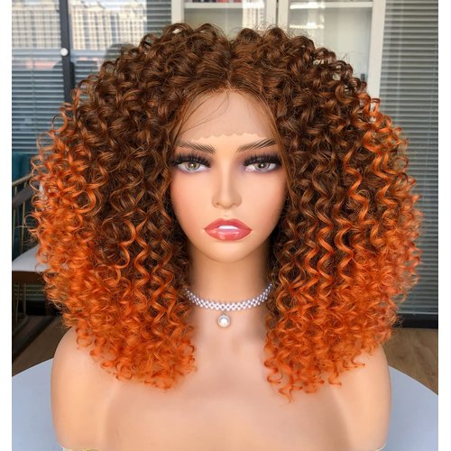 ANNIVIA 16inch Curly Lace Front Wigs for Black Women Ginger Short Curly Lace Front Wig Pre Plucked with Babyhair, Dark Roots Synthetic Kinky Afro Short Curly Frontal Hair Wig（Ombre Ginger）