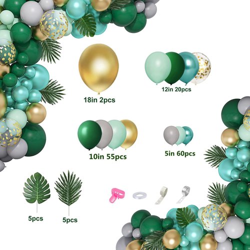 Amandir 151Pcs Jungle Safari Balloon Garland Kit, Metallic Green Gold Tropical Balloons Arch Artificial Palm Leaves for Animal Dinosaur Two Wild One Birthday Baby Shower Decoration Boys Party Supplies