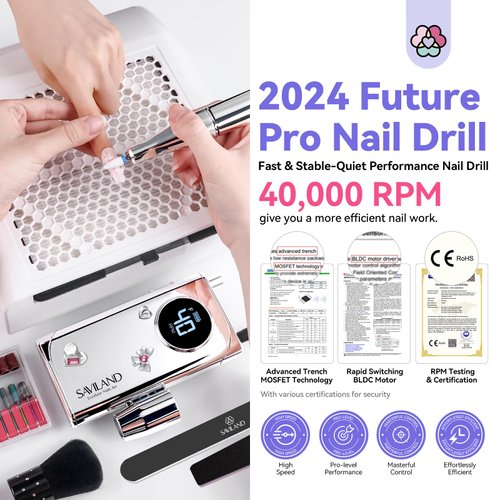 SAVILAND Electric Nail Drill Professional: 2024 Pro Future Tech 40000RPM Nail Drill Kit E File for Acrylic Nails Gel Polish Rechargeable 6000mAh Portable Nail Filer Drill Bits Salon Manicure Pedicure