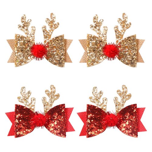 4 Pcs Christmas Hair Clips for Kids Toddler Girls Cute Reindeer Antler Bows Barrettes Gold Red Sequins Hairpin Hair Accessories for Toddlers Women Birthday Party Favor Gifts (4 Pcs)