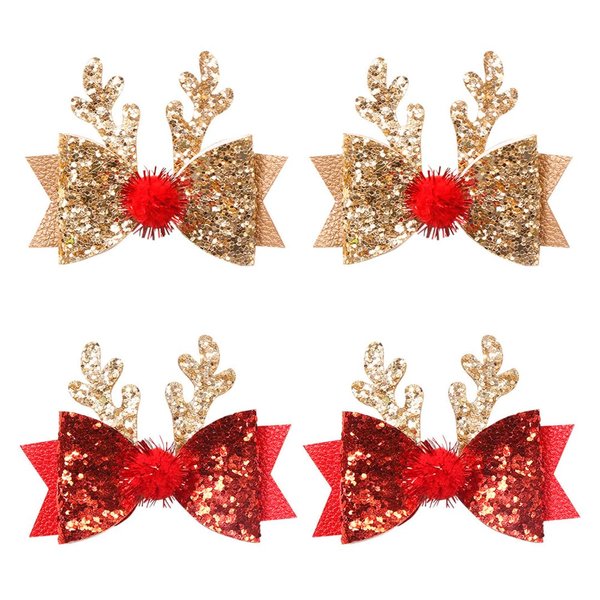 4 Pcs Christmas Hair Clips for Kids Toddler Girls Cute Reindeer Antler Bows Barrettes Gold Red Sequins Hairpin Hair Accessories for Toddlers Women Birthday Party Favor Gifts (4 Pcs)