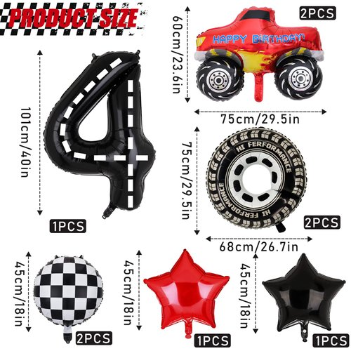 Truck Party Decorations, 9pcs Truck Birthday Number Foil Balloon for Truck 4th Birthday Race Car Theme Party Supplies (4th)