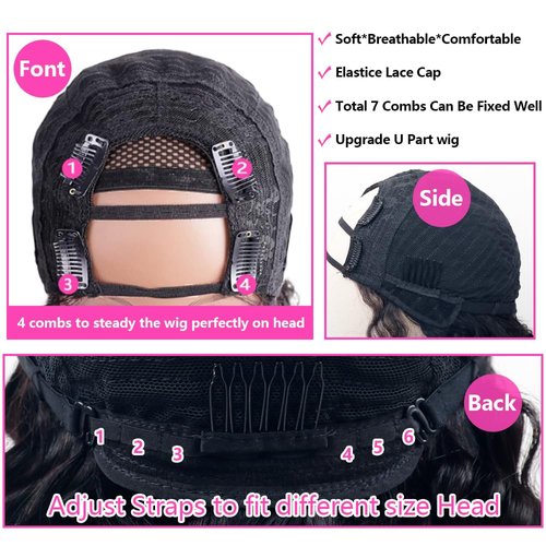 Deep Wave U Part Human Hair Wig Curly U Part Wigs Glueless Human Hair wigs for Black Women None Lace Front Wigs Full Head Clip In Half Wig UPart Hair Extension Natural Color 180% Density 18 Inch