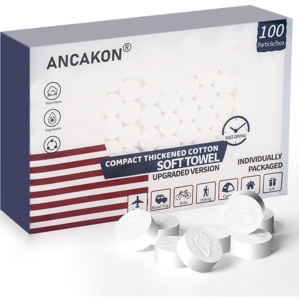 Ancakon Disposable Compressed Face Towel 100 PCS,Compact Coin Tissue,100% Plant Fiber Facial Washcloth Biodegradable Wipes for Sensitive Skin,Super Absorbent for Home,Hotel,Travel,Camping