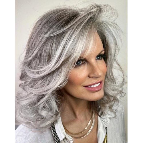 XIUFAXIRUSI XIUFAXIRUSI Medium Grey Wavy Bob Wigs for Women Gray to White Layered Wig Old Lady Synthetic Wig for Daily Party Costume Halloween Use
