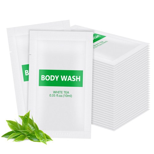 HQSLsund 100 pack Travel Size Body Wash Bulk Individually Wrapped - Refreshing Mini Shower Gel Single Use Supplies for Homeless Care Hotel Guests, White Tea Scent,0.35 fl oz/10ml