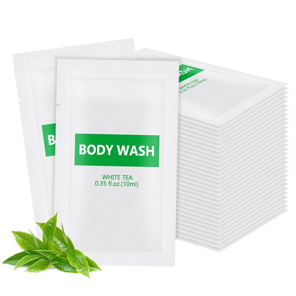 HQSLsund 100 pack Travel Size Body Wash Bulk Individually Wrapped - Refreshing Mini Shower Gel Single Use Supplies for Homeless Care Hotel Guests, White Tea Scent,0.35 fl oz/10ml