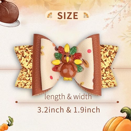 Thanksgiving Hair Bow Clips for Girls, 2 PCS Fall Turkey Glitter Hair Bows Autumn Grosgrain Ribbon Bow Hair Clips Cute Hair Accessories Hairpin for Toddler Kids Festival Party Favor Gift