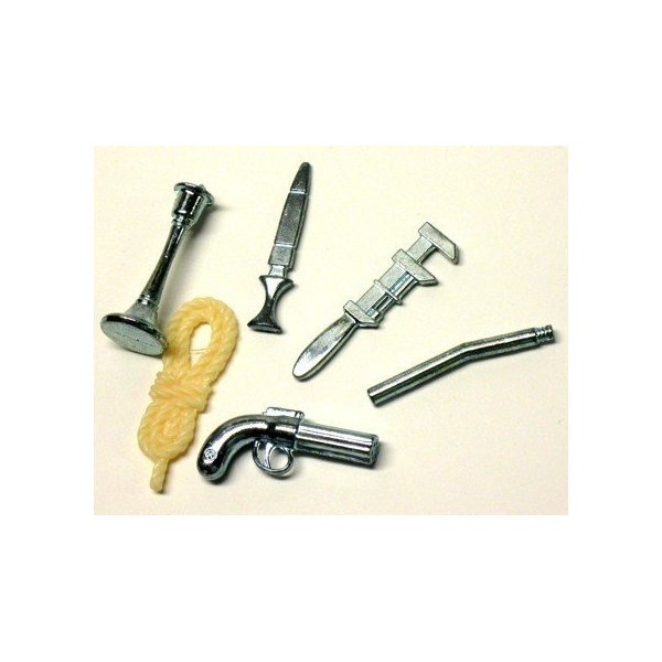 Clue Board Game Replacement Weapons Set (6) Pewter Rope Candlestick Dagger Wrench Lead Pipe Revolver