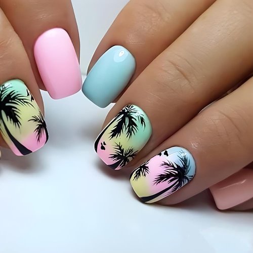 24Pcs Summer Press on Nails Square Short Fake Nails Cute Coconut Tree Stick on Nails Design Glue on Nails Full Coverage Beach Acrylic Nails Pink Blue False Nails for Women Or Girl Manicure Ornament