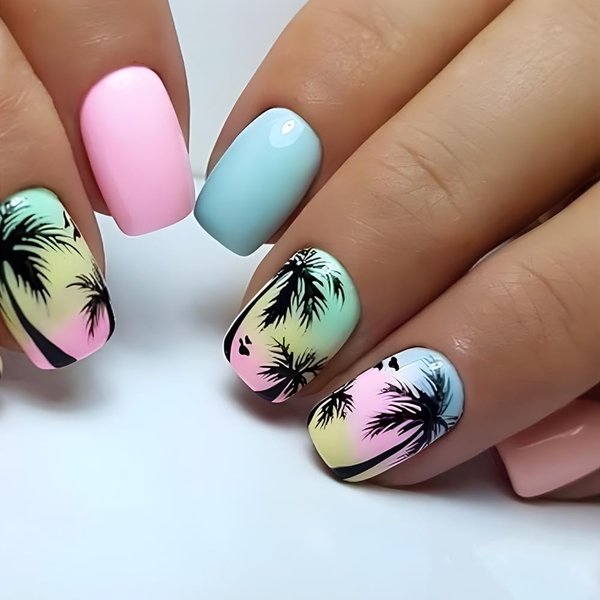 24Pcs Summer Press on Nails Square Short Fake Nails Cute Coconut Tree Stick on Nails Design Glue on Nails Full Coverage Beach Acrylic Nails Pink Blue False Nails for Women Or Girl Manicure Ornament