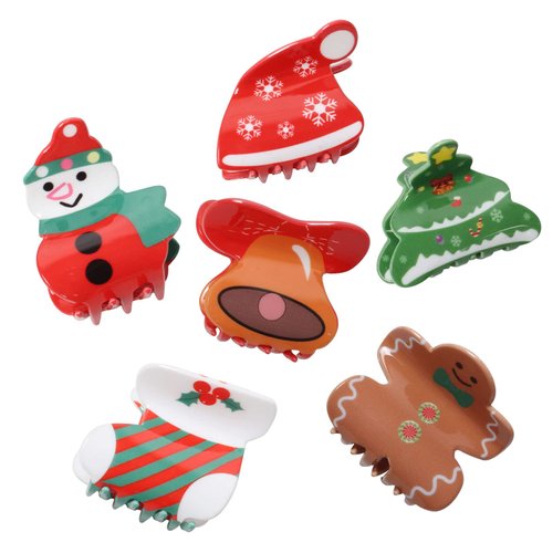 6PK Christmas Hair Accessories for Girls Cute Christmas Hair Claw Clips for Kids Christmas Tree Snowman Xmas Cap Hair Clip Boots Small Bell Hair Claws (Color A)