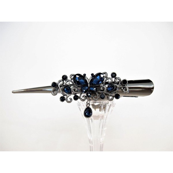 Dark silver butterfly blue crystal flower alligator hair claw clip clamp