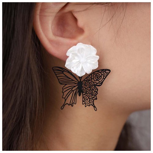 Sttiafay Vintage Black Butterfly Flower Drop Earrings Acrylic Flower Earrings White Flower Studs Earrings Black Hollow Butterfly Earrings Jewelry for Women