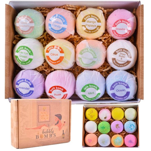 Bath Bombs Gift Set of 12, Natural Bath Bombs with Fizzes, Shea, Coco Butter, Scented Organic Bath Bomb, Gift Set for Women, Bath Bombs for Women