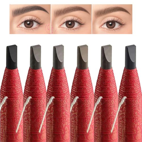 6pcs Waterproof Eyebrow Pencil Pull Cord Peel-off Microblading Brow Pencil Long Lasting Eye Brow Pencil for Marking, Filling and Outlining, Tattoo Makeup (Red Paper-Medium Brown Core)