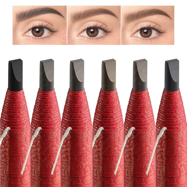 6pcs Waterproof Eyebrow Pencil Pull Cord Peel-off Microblading Brow Pencil Long Lasting Eye Brow Pencil for Marking, Filling and Outlining, Tattoo Makeup (Red Paper-Medium Brown Core)