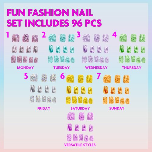 Townley Girl 96 PC Press- On Nails Set, Glitter and Glam, False Nails Set for Tweens with Pre-Glue Full Cover Acrylic Nail Tip Kit, Great for Gifts, Parties, Sleepovers and Makeovers