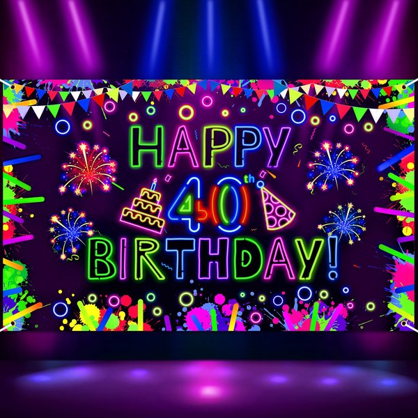 Neon Birthday Party Decorations Neon Happy 40th Birthday Banner Glow in The Dark Party Decorations with UV Black Light Reactive for Let Glow Neon Birthday Blacklight Halloween Party Supplies