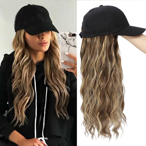 Yunkang Baseball Cap Wig Long Natural Wavy Hair Extensions With Hat Heat Resistant Synthetic Fiber Extensions Adjustable Hat Wig for Women Girls (B-M Brown blonde)