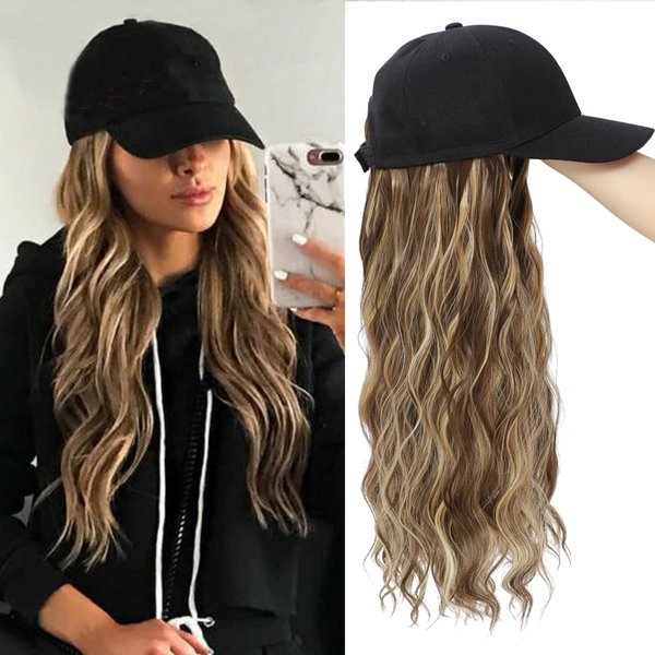 Yunkang Baseball Cap Wig Long Natural Wavy Hair Extensions With Hat Heat Resistant Synthetic Fiber Extensions Adjustable Hat Wig for Women Girls (B-M Brown blonde)