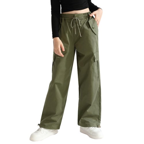Girls Cargo Jogger Pants Drawstring Elastic Waist Kid Parachute Pants Teen Casual Y2K Trousers with Pockets 7-14 Years Green